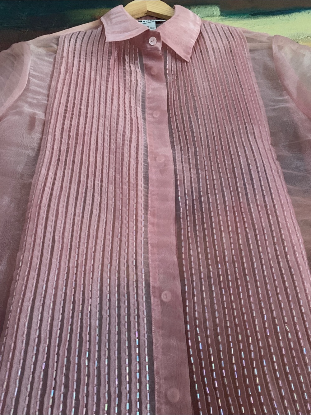 VTG Nygard Collection Pink Sheer Beaded Button Down Blouse Size 14